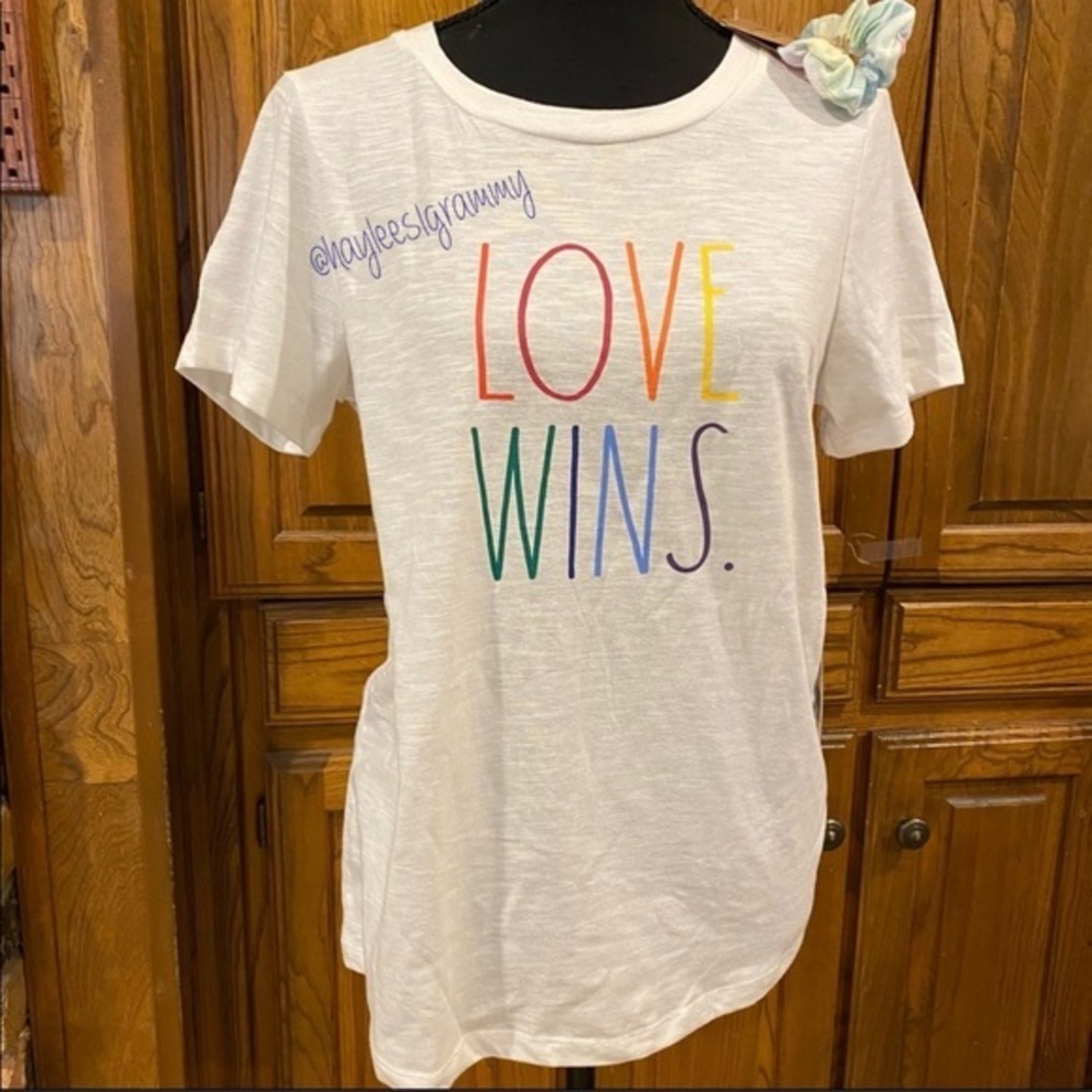 Rae Dunn LOVE WINS Rainbow Letters White Shirt Size Small & Scrunchie BRAND NEW!